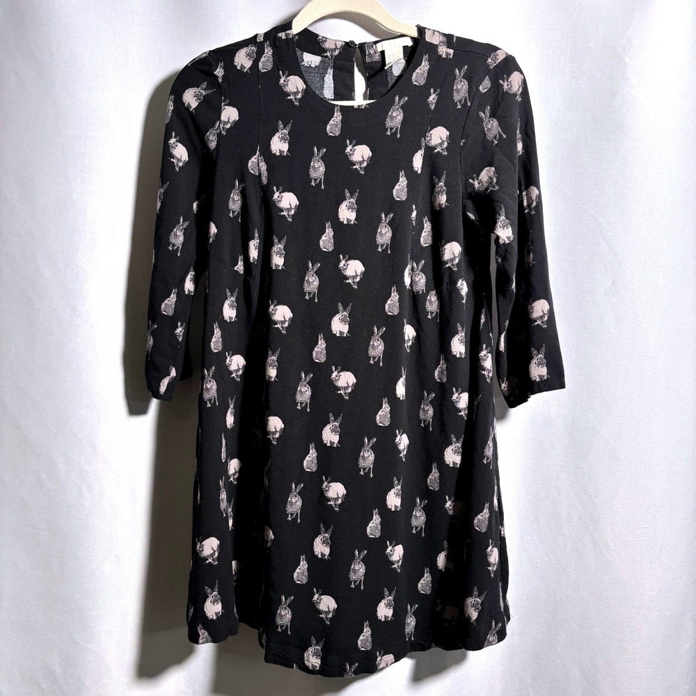 Black Bunny Novelty Print Mini‎ Dress Whimsigoth Twee Viscose Rabbits Gothic S